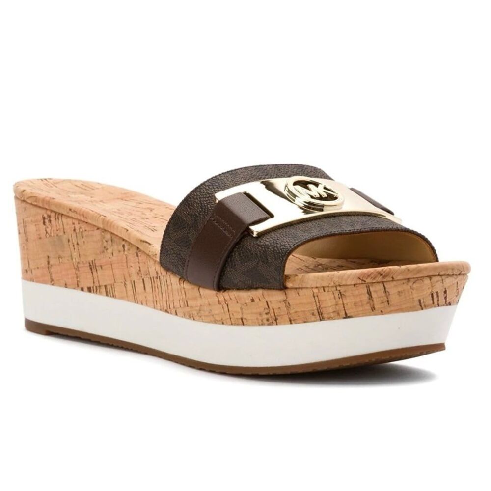 Michael Kors Women's Warren Leather Wedge Platform Open Toe Slides Shoes 10M